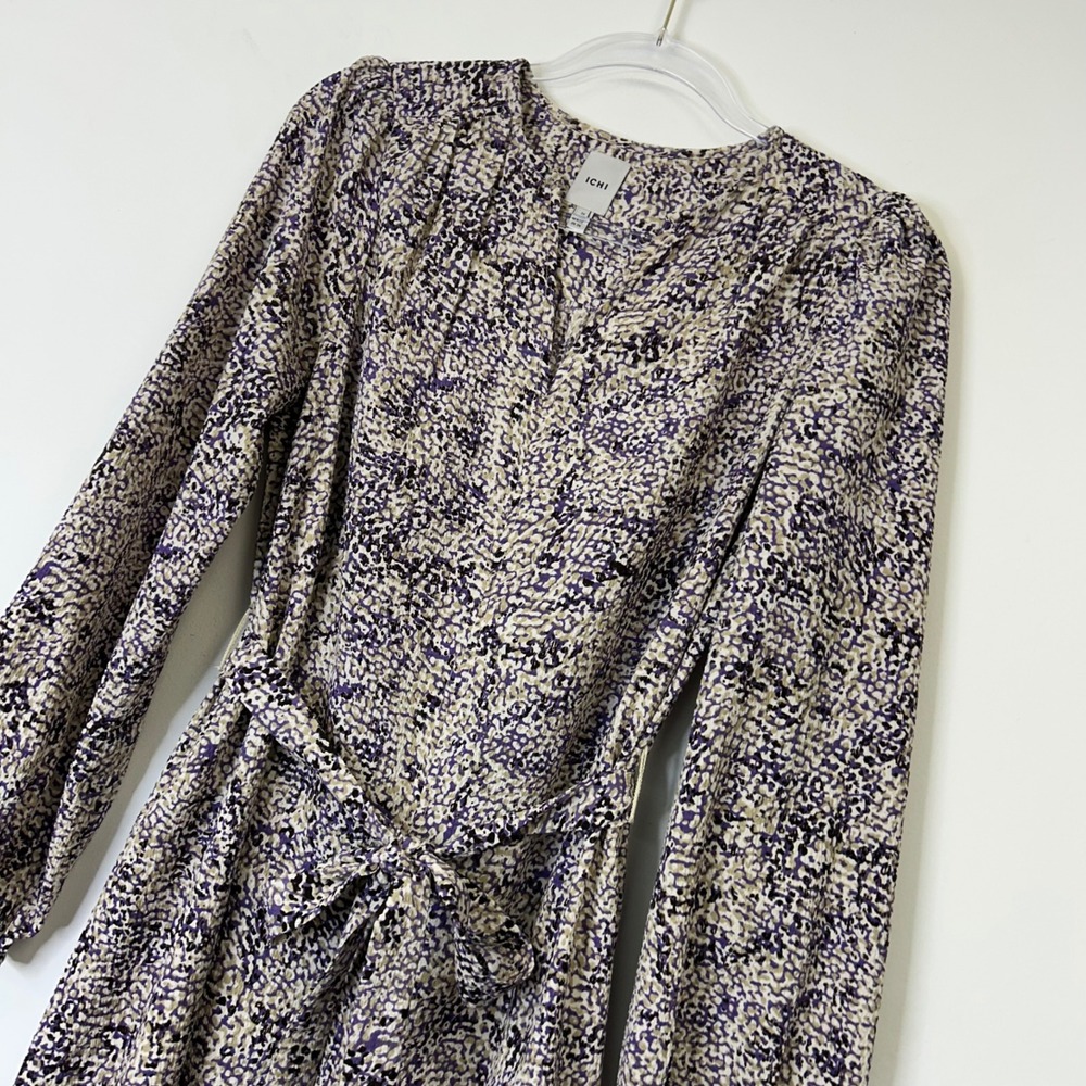 ICHI Ihacoto Long Sleeve Dress Women's 36 8 US Purple Print Tie Waist - Picture 10 of 11
